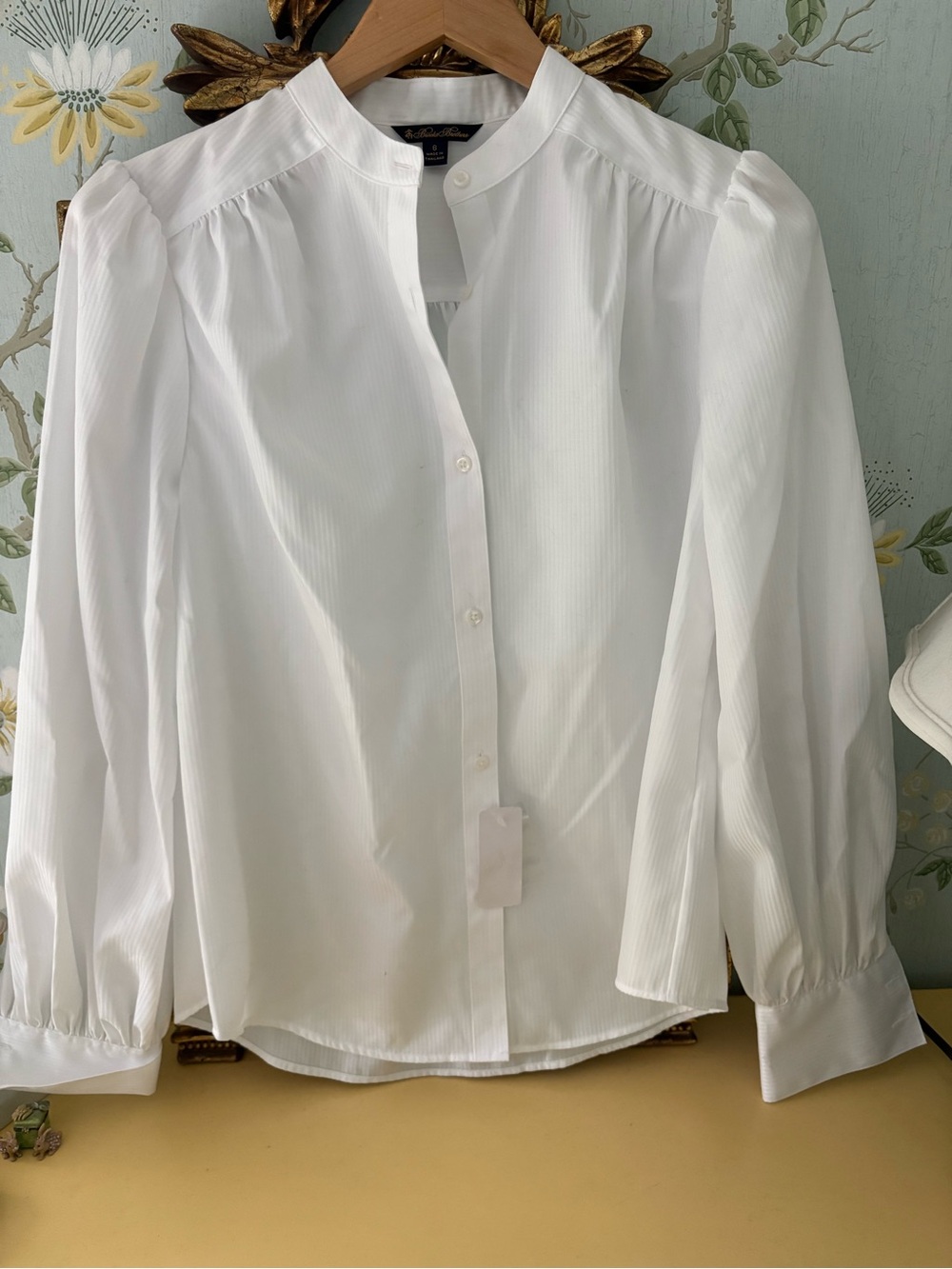 Brooks Brothers White Button-Front Blouse with Gathered Shoulders